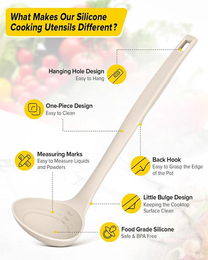 Silicone Pasta Fork and Soup Ladle Set, Heat Resistant Non Stick Kitchen Utensils with Back Hooks, Suitable for Cooking, Stirring, Serving Spaghetti, Soup, Sauce(KHAKI)