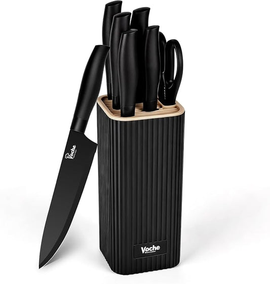 Knife Set, Kitchen Knife Set with Block, 7 Pcs Compact Knife Set, Knife Block Set Space Saving Stainless Steel Kitchen Knives with Scissors for Small Kitchens, Apartment & Everyday Cooking