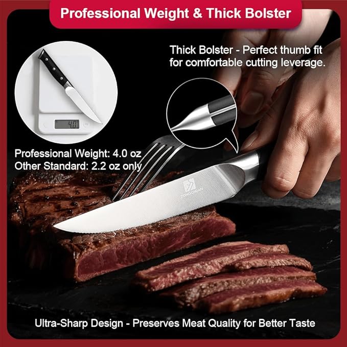 Medium Steak Knives Set of 4, 4.5 Inch High-Carbon Stainless Steel Serrated Steak Knife,Ergonomic Black Handles,Razor-Sharp, Dishwasher Safe, Rust-Resistant & Durable,Full Tang With Excellent Gift