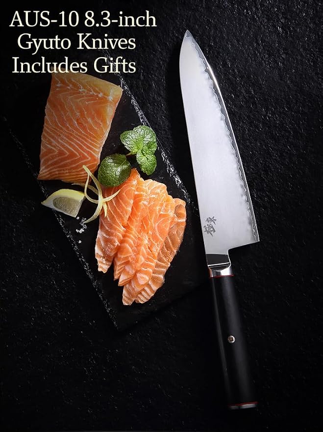 Japan Aichi AUS10 Triple Layer Composite Steel 8.3-inch Chef's Knife， Gyuto，Meat Cleavers，G10 Handle, Forged Kitchen Knife，Black Walnut Knife Sheath Set