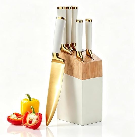 Aesthetic Gold White Kitchen Knife Set,7Pcs Gold Titanium Coated Dishwasher Safe Knife Block Sets,Wooden Block with Built-In Sharpener,Luxury Gift for Women Housewarming