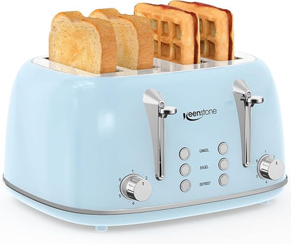 Keenstone Toaster 4 Slice, Retro Stainless Steel Wide Slot Toaster with Dual Independent Controls, 6 Browning Levels, Bagel, Defrost, Reheat & Cancel, Removable Crumb Tray, Blue