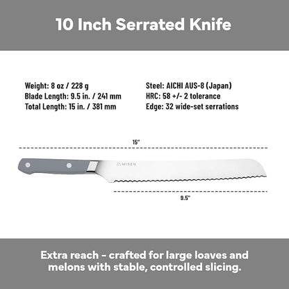Misen Serrated Bread Knife - High-Carbon Japanese AUS8 Steel - Perfect for Soft Foods, Bread, Pastries, and Fruits - Verstatile Slicer, Razor-Sharp Edge, Durable Blade, Ergonomic Handle - 10", Gray
