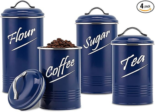 Hillbond Kitchen Canister Set of 4, Airtight Stainless Steel Food Storage Containers with Lids, Flour Sugar Coffee Tea Canisters for Countertop, Metal Kitchen Storage Jars, Navy Blue