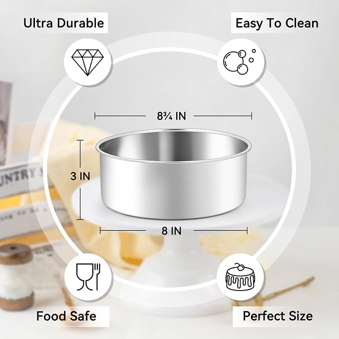 Leonyo 8 Inch Cake Pan, Stainless Steel Circle Baking Pans Set, 2 Pieces Round Layer Cake Tin for Wedding Birthday, Even Heating, Non Toxic & Healthy, Heavy-Duty, Dishwasher Safe