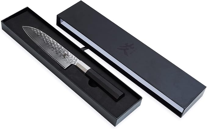 SAMCOOK Santoku Chef Knife - 7 Inch Professional Japanese Knife - VG10 Damascus High Carbon Stainless Steel Hammered Damascus Kitchen Knife - Ergonomic Octagonal Ebony Handle with Gift Box