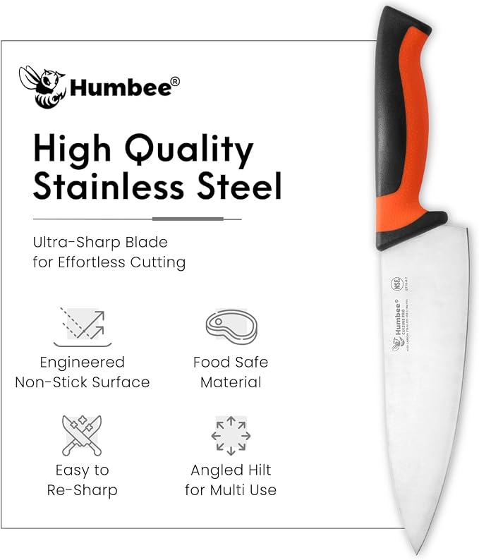 8-Inch Chef Knife, NSF Certified Razor-Sharp High Carbon Stainless Steel Blade – Ergonomic Color Coded Handle, Non-Slip Grip Kitchen Knife, DT-10 Series, Orange
