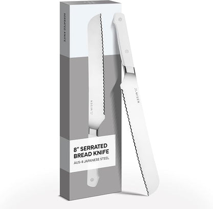 Misen Serrated Bread Knife – High-Carbon Japanese AUS8 Steel – Effortless Slicing of Bread, Pastries, and Fruits – Razor-Sharp Edge and Durable Blade with Ergonomic Handle - 8", White
