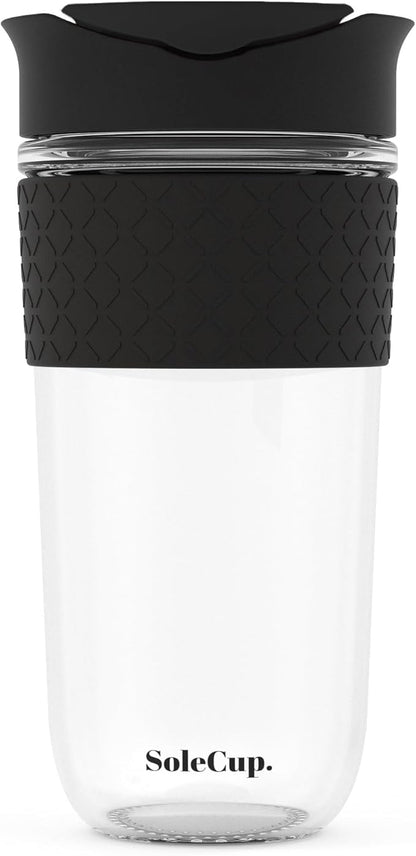 Large Travel Mug - Reusable Glass Coffee Mug - 18oz/530ml BPA-Free Hot Drink Travel Mug with Lid & Silicone Band (Black, 18oz)