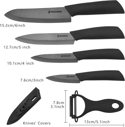 Magiware 5-Piece Chef Ceramic Knife Set (4 Ceramic Knives 4 Blade Guard and 1 Peeler), Never Rust Never Oxidize Food Stain Proof