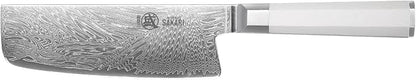 MITSUMOTO SAKARI 6.5-Inch VG-Pro Damascus Nakiri Knife, Hand Forged Professional Japanese Chef Knife, Ergonomic G10 Handle & Sandalwood Box