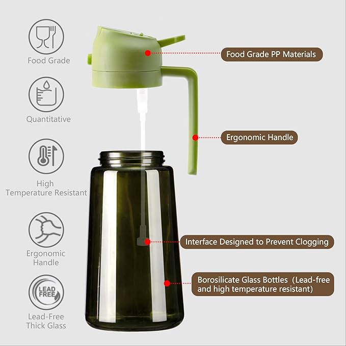SWEET VIEW Olive Oil Dispenser and Oil Sprayer – 16oz/470ml Glass Light-Proof Oil Pourer for Kitchen Air Fryer, Cooking, Salad, and BBQ, with Stickers