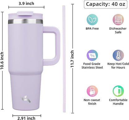 Konokyo 40 oz Tumbler with Handle and 2 Straws,2 in 1 Lid Insulated Water Bottle Stainless Steel Travel Coffee Mug,Wisteria