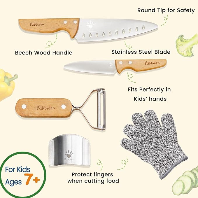 Kibbidea Kids Knife Set for Real Cooking，4-Pieces Kids Kitchen Knives with Stainless Steel Blade, Wooden Handle, Child Friendly Chef Knife for Cutting Chopping, BPA-free Knives for Teenager 8-12