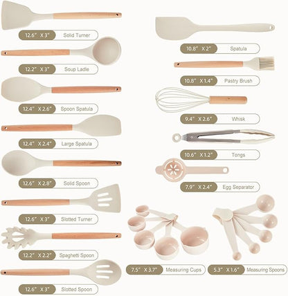 Kitchen Utensils Set - 34 PCS Non-Stick Silicone Cooking Utensils Set Spatula Set with Holder, Wooden Handle Spoon,Brush,Whisk Kitchen Gadgets Tools Set for Nonstick Cookware (Cream White-34P)