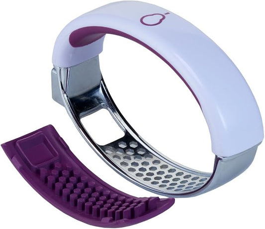 Crisp Garlic Press Rocker - Stainless Steel Garlic Crusher Mincer - Ergonomic Handle Garlic Cloves Grater, Squeezer - Kitchen Gadget Food Grade Chopper, Grinder, Peeler - Easy Clean (White/Purple)