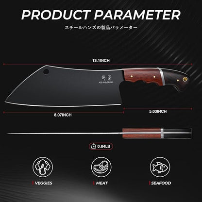 DRGSKL Meat Cleaver Knife 8inch - Black Butcher Knife for Meat Cutting, Japanese High Carbon Steel Vegetable Cleaver for Chopping, Kitchen Cooking Knife with Wooden Handle, Gift for Men
