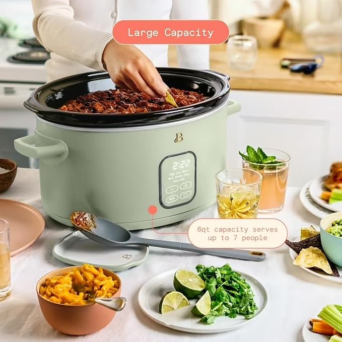 B 6 Qt Programmable Slow Cooker with Digital Timer, 5 Cooking Functions, Removable Ceramic Pot, Tempered Glass Lid, Dishwasher Safe (Sage Green)