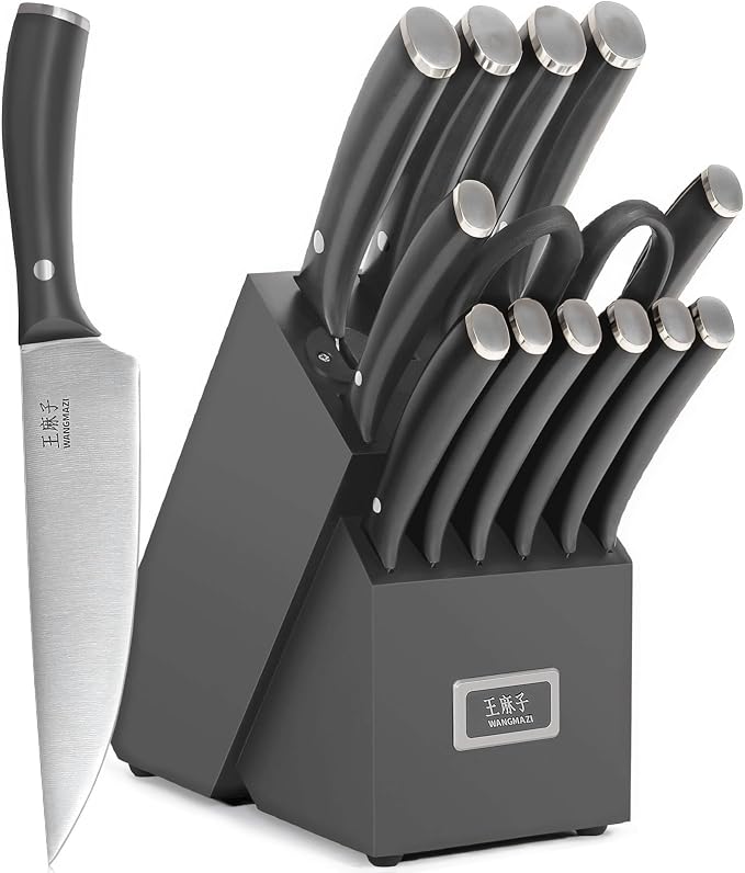 WANGMAZI Kitchen Knife Set, 15 Pcs Premium Stainless Steel Knife Block Set, Professional Chef Knife Set, Anti-Slip Sharp Knives Set for Home, Kitchen, Black