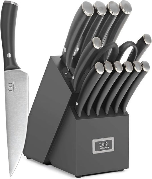 WANGMAZI Kitchen Knife Set, 15 Pcs Premium Stainless Steel Knife Block Set, Professional Chef Knife Set, Anti-Slip Sharp Knives Set for Home, Kitchen, Black