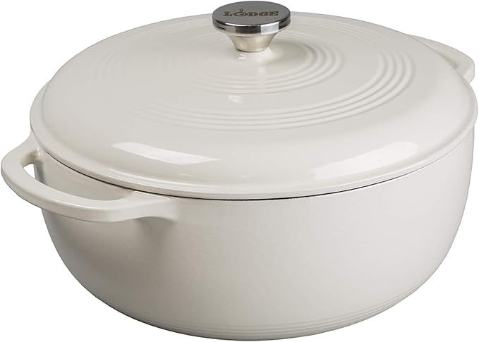 Lodge Essential Enamel Cast Iron Dutch Oven with Lid 7.5 Quart - Induction- Oven-Safe Enamel Cookware up to 500° F - Heat-Retaining Braising & Roasting Pot - Non-Toxic Cookware - Oyster White