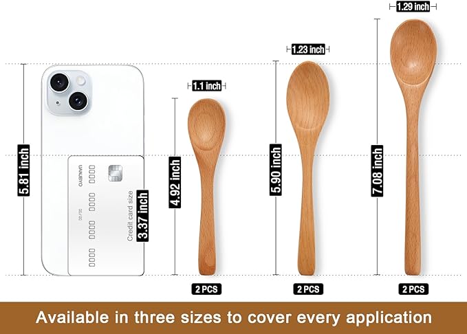 6 Piece Small Wooden Spoons Set - Premium Beech Wood Spoons in 3 Sizes (4.9", 5.9", 7.1") for Honey, Tea, Coffee, Multi-Purpose Mini Teaspoons Utensils for Ice Cream and Soup