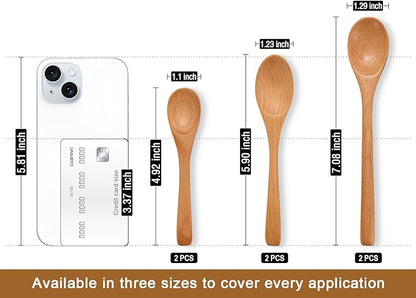 6 Piece Small Wooden Spoons Set - Premium Beech Wood Spoons in 3 Sizes (4.9", 5.9", 7.1") for Honey, Tea, Coffee, Multi-Purpose Mini Teaspoons Utensils for Ice Cream and Soup