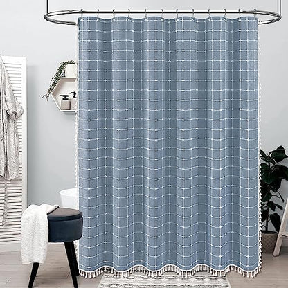 BTTN Stall Boho Farmhouse Linen Heavy Duty Shower Curtain Set, 36x72, Blue