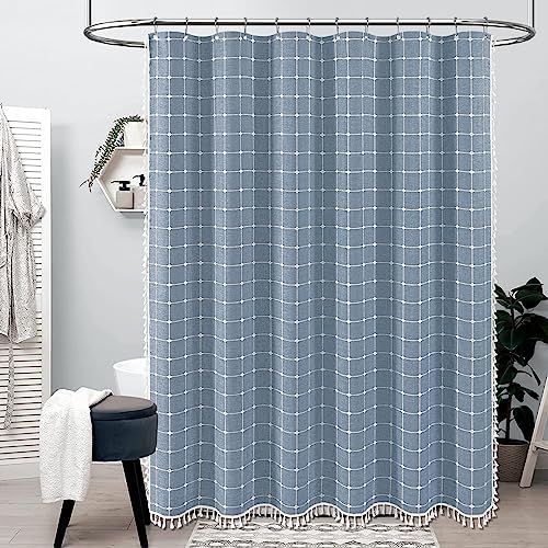 BTTN 54x78 Boho Farmhouse Linen Heavy Duty Fabric Shower Curtain Set, Blue