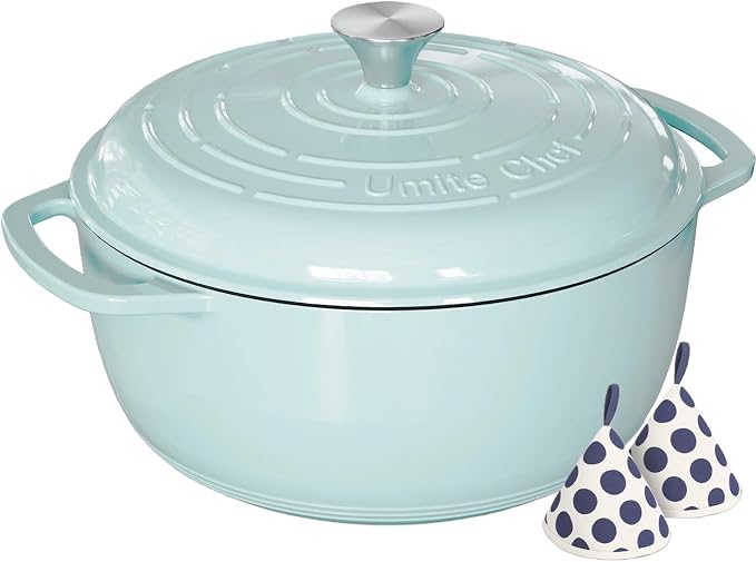 Umite Chef 6QT Enameled Cast Iron Dutch Oven with Lid, Versatile Heavy-Duty Cookware Pot for Baking Bread, Braising, Soups & Stews, Oven & Stovetop Safe with Heat Resistant Gloves（Blue）