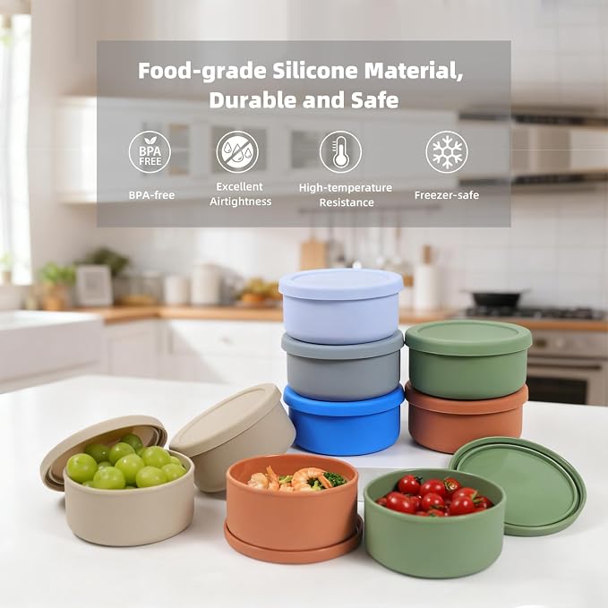 24 fl oz Silicone Food Storage Container with Lid, Round Portable Airtight Salad Bowl, Reusable Meal Prep Bowl for Soup Stew Leftovers, Microwave Fridge Dishwasher Safe, BPA Freee(Grayish blue 3 Pack)
