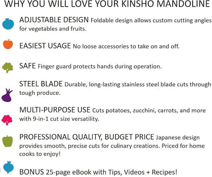 Mandolin Slicer Adjustable Mandoline | Best Hand-Held Cutter for Vegetable Potato Zucchini Food | Professional Steel Blade - Safe Finger Guard - 9-in-1 Japanese Design White