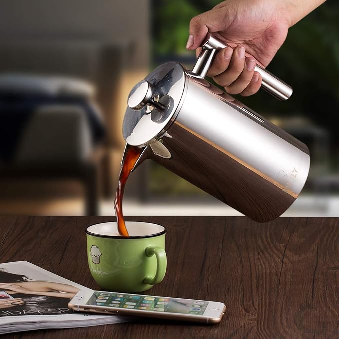 Miuly 34oz French Press Coffee Maker Stainless Steel Insulated Coffee Press Stainless Steel French Press 1 Liter (1000ML, Sliver)