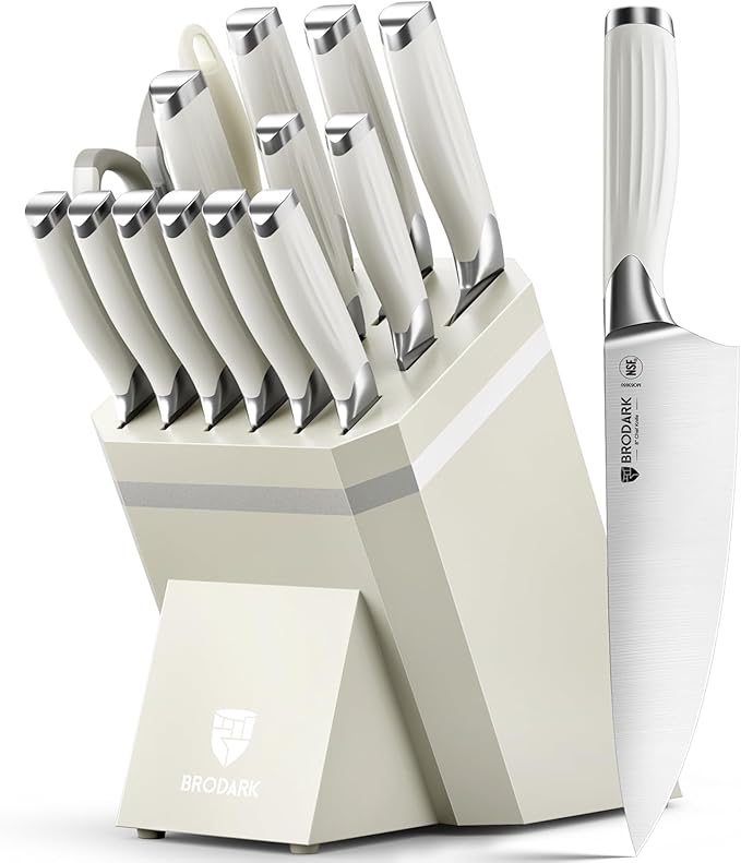 BRODARK White Knife Set with Block, 15-Piece German Stainless Steel Kitchen Knife Set with Sharpener, Ultra Sharp Full Tang Blades, Modern Luxury Knives for Everyday Cooking & Gifts