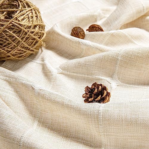 Boho Farmhouse Classic Plaid Linen Tassel Shower Curtain Cream,72x72