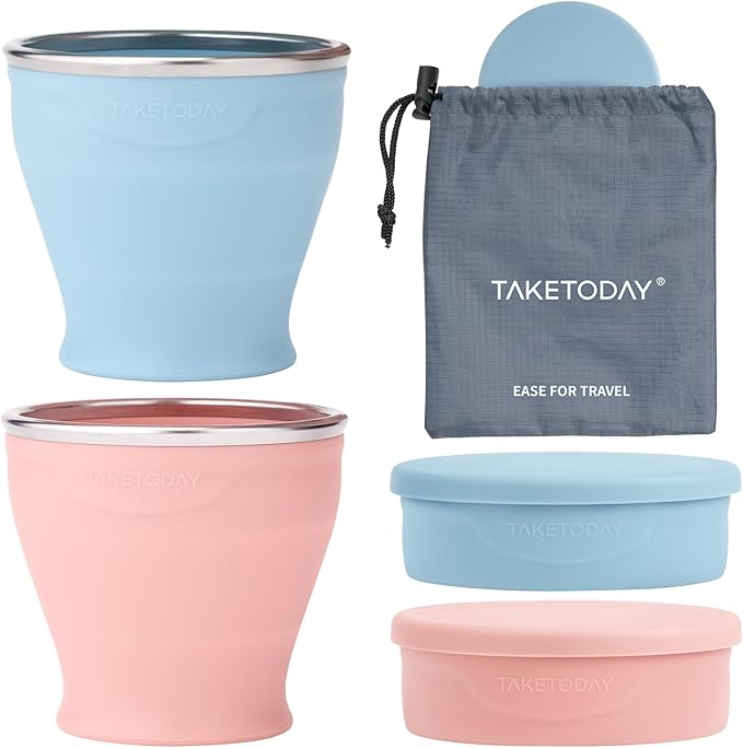 TakeToday 2PCS Collapsible Travel Cup 8 oz - Silicone Foldable Water Cup, BPA-Free with Lid & Waterproof Bag - Drinking Cup Set for Camping, Outdoors & International Travel（Blue & Lowcountry Peach）