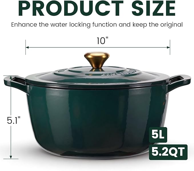 Cast Iron Dutch Oven with Lid - JINCHUFURI Enameled Cast Iron Dutchs Oven 5 Qt enamel dutch ovens Pot Heavy-Duty Cookware for Sourdough Bread Baking,Stews, Roasting,Braising(Green)
