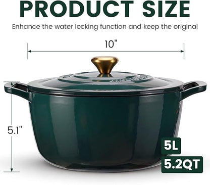 Cast Iron Dutch Oven with Lid - JINCHUFURI Enameled Cast Iron Dutchs Oven 5 Qt enamel dutch ovens Pot Heavy-Duty Cookware for Sourdough Bread Baking,Stews, Roasting,Braising(Green)