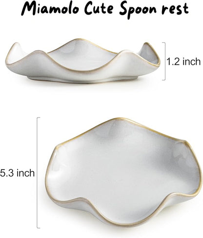 Miamolo Spoon Rest for Stove Top, Spoon Holder for Stove, 5.3In Ceramic Spoon Rest for Kitchen Counter, Coffee Spoon Holder with Ruffled Edge, Farmhouse Spatula Holder for Kitchen Decor, Beige