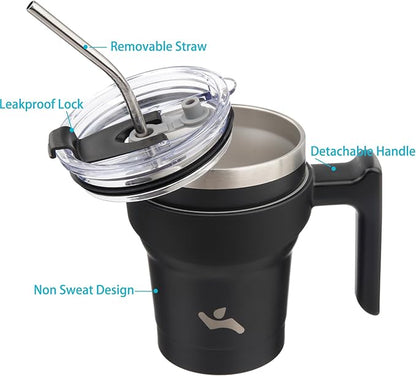 Konokyo 10 oz Tumbler with Handle and 2 Straw 2 Lid, Insulated Water Bottle Stainless Steel Vacuum Cup Reusable Travel Mug,Black