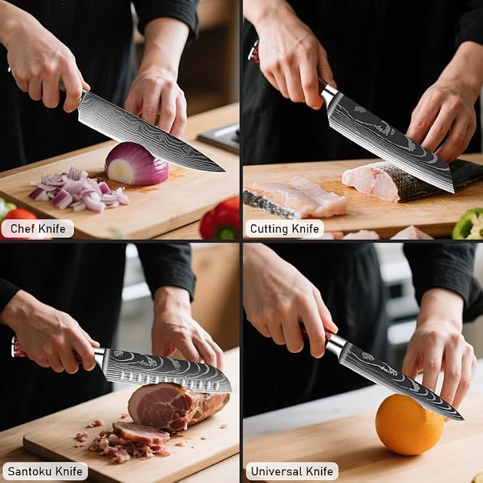 8-Piece Premium Japanese Kitchen Knife Set - Star Collection, Laser Damascus Pattern, 440A Stainless Steel Ultra Sharp for Fast Cutting (Black 8J)