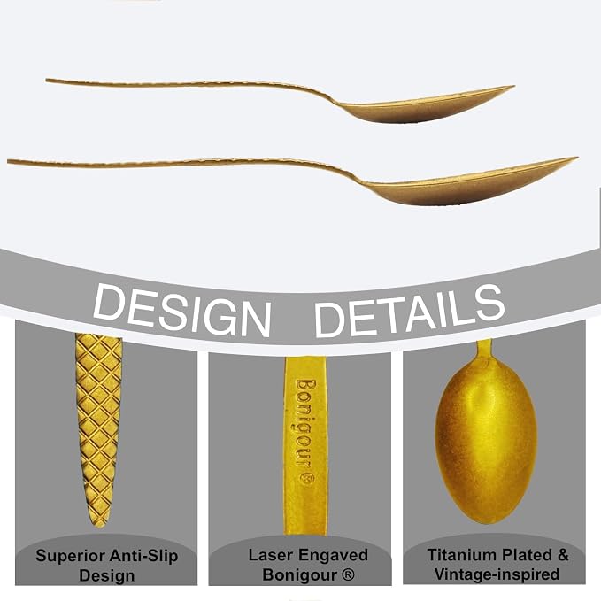 Kunz Spoons - Professional Chef Spoon Set for Basting, Plating, Quenelle, Serving, Sauces| Vintage-inspired 8" & 9" Spoon Set| Culinary Plating Tools with Non-Slip Grip (Matte Gold)