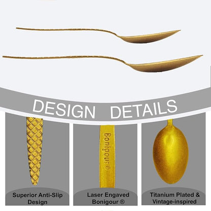 Kunz Spoons - Professional Chef Spoon Set for Basting, Plating, Quenelle, Serving, Sauces| Vintage-inspired 8" & 9" Spoon Set| Culinary Plating Tools with Non-Slip Grip (Matte Gold)