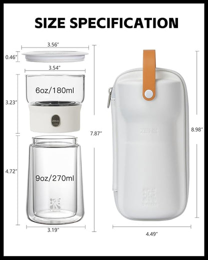 ZENS Modern Tea Pot, Glass Teapot with Infusers for Loose Tea Diffusers with One Touch Pouring, Cool Portable Tea Maker with Insulated Tea Mug and Travel Tea Kits for Tea Lover Gifts