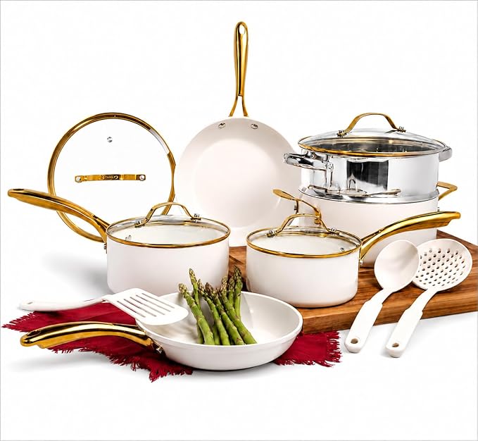 GOTHAM STEEL 15 Pc Ceramic Pots and Pans Set Non Stick, Kitchen Cookware Sets, Pot and Pan Set, Ceramic Cookware Set, Non Toxic Cookware Set, Non Stick Pots and Pan Set Dishwasher Safe, Cream White…