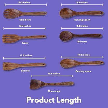 wooden Spoon 7 pics for Cooking - Smooth Finish Teak Woooden utensils for cooking- soft comfort-grip wood spoon for cooking-non-stick wooden cooking utensils- wooden spoon sets