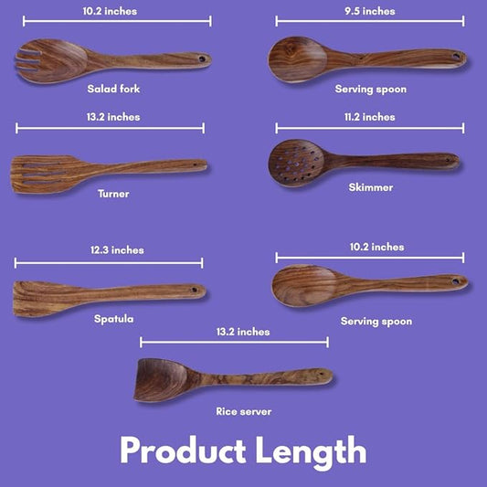 wooden Spoon 7 pics for Cooking - Smooth Finish Teak Woooden utensils for cooking- soft comfort-grip wood spoon for cooking-non-stick wooden cooking utensils- wooden spoon sets
