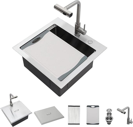 Lordear Drop In Outdoor Kitchen Sink Workstation with Pull-out Faucet 21" x 20" Bar Prep Sink 16 Gauge Stainless Steel Single Bowl Small Kitchen Camper Wet Bar Mobile Home RV Basin with Cover
