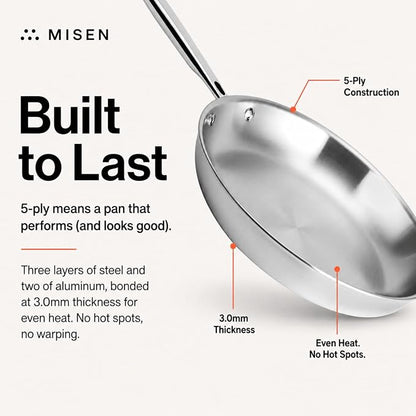 Misen 5-Ply Stainless Steel 10" Frying Pan - Professional Cookware for Induction, Gas and Electric - Dishwasher Safe, Oven Safe to 800°F - Durable, Versatile, Even Heating