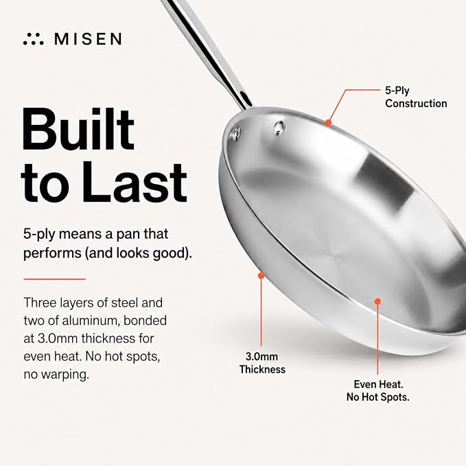 Misen 5-Ply Stainless Steel 12" Frying Pan - Professional Cookware for Induction, Gas and Electric - Dishwasher Safe, Oven Safe to 800°F - Durable, Versatile, Even Heating